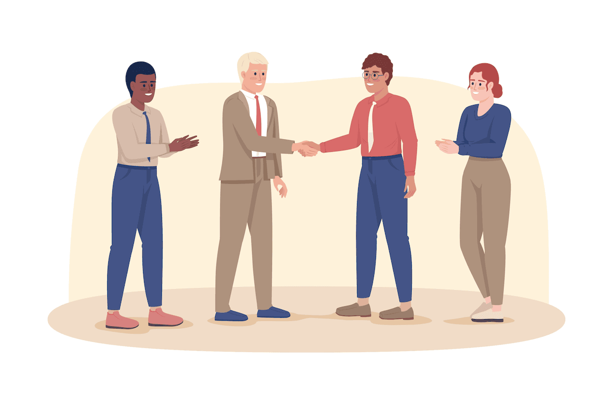 A man shaking his boss' hand while coworkers clap