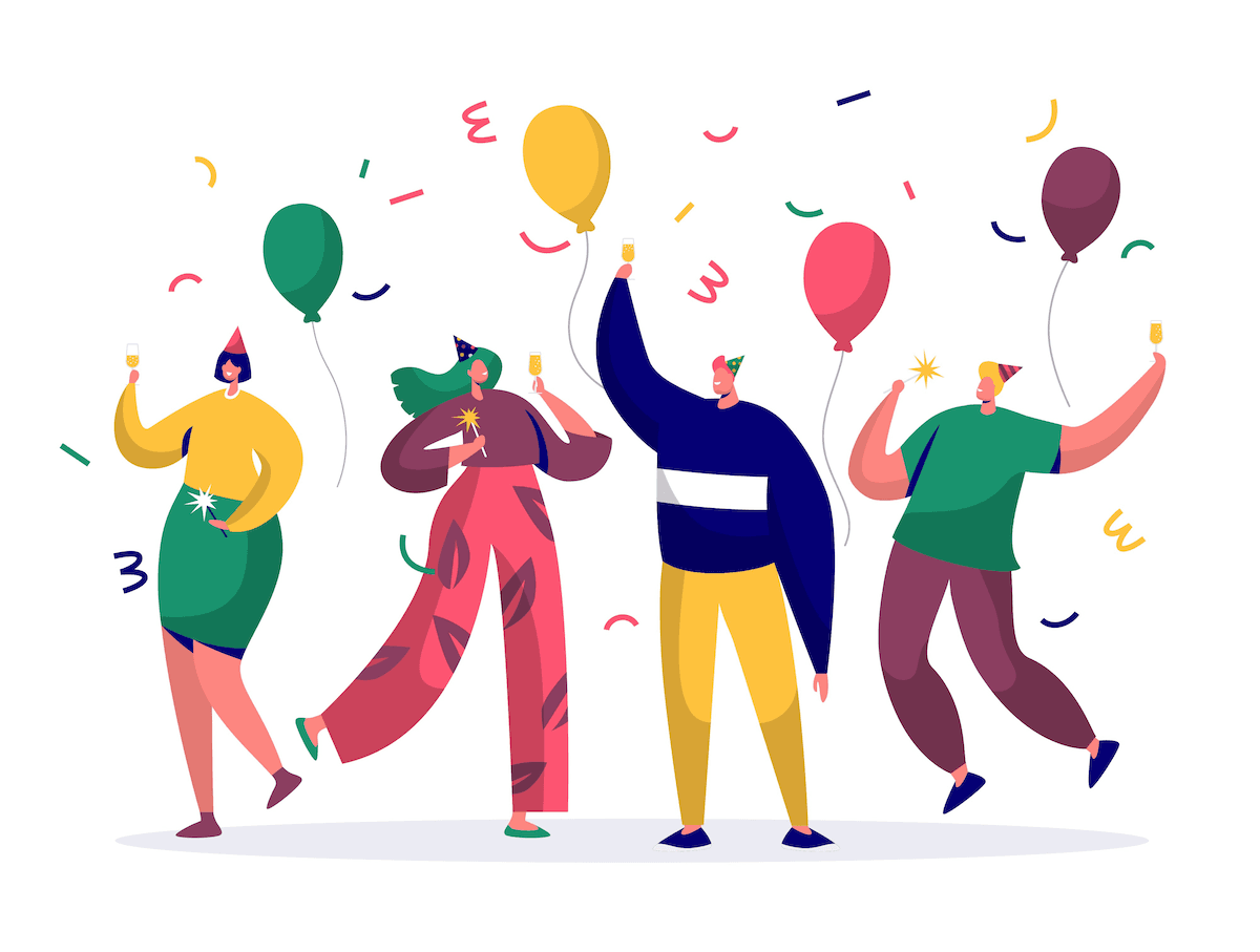 A group of joyful people celebrating a birthday with balloons and confetti