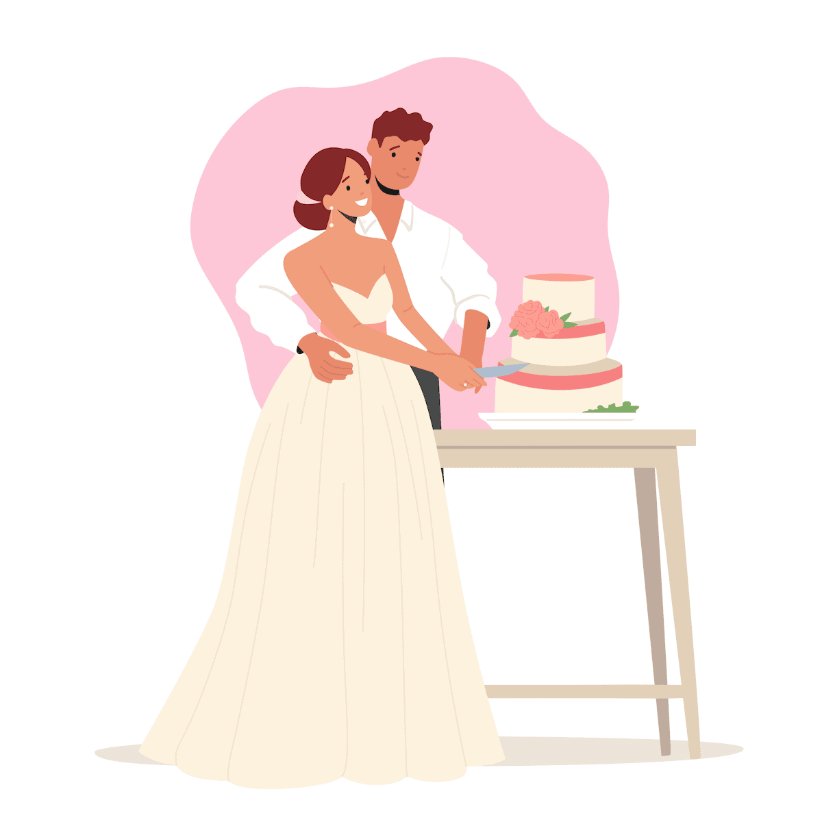A bride and groom cutting their wedding cake