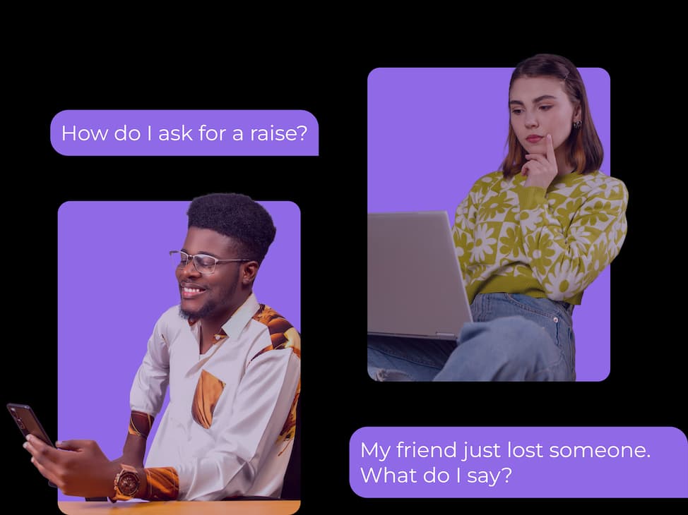 A woman thinking while looking at her laptop and a man smiling at his phone, both against a purple background - representing people using a digital tool to craft thoughtful messages.